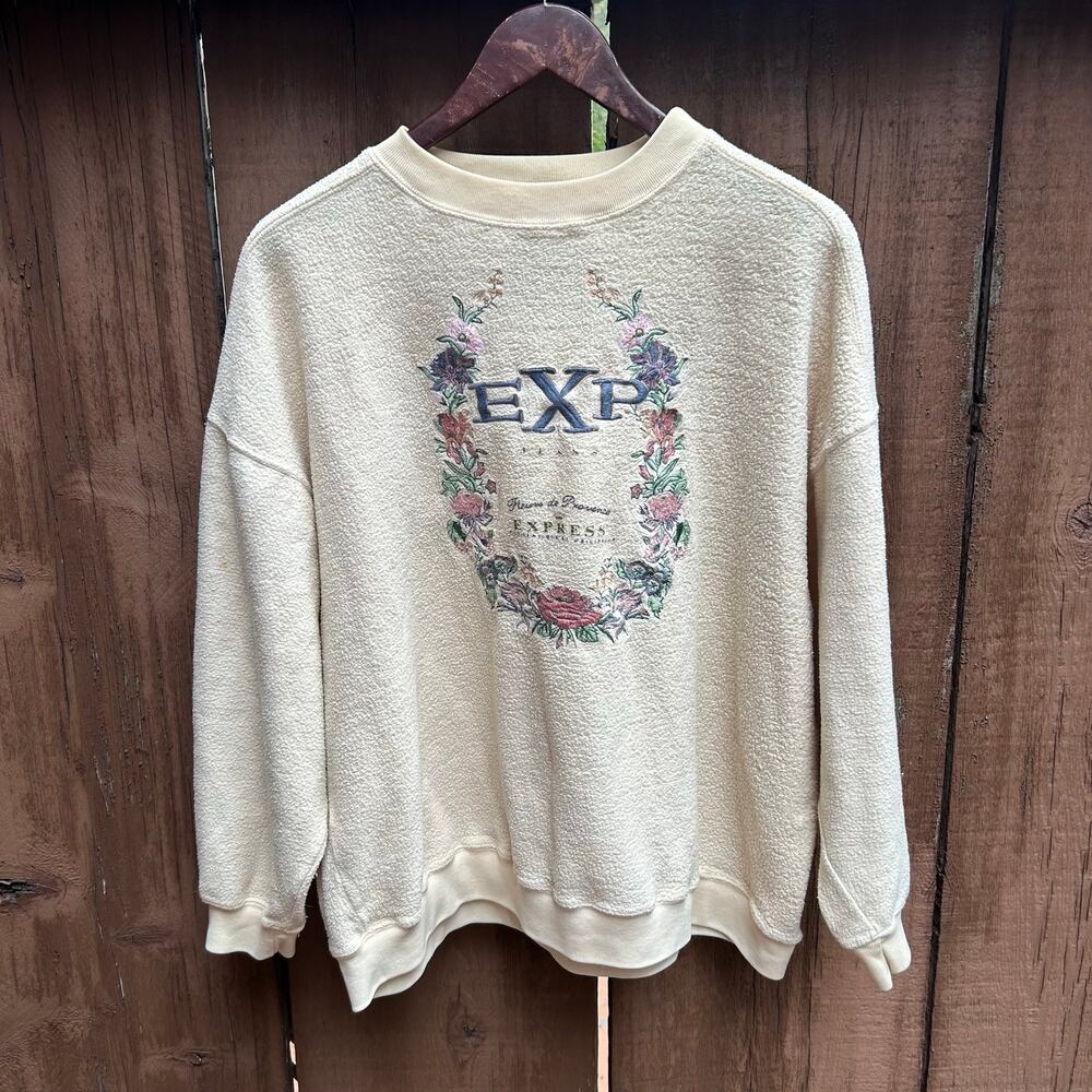 Vintage Express Floral Embroidered Terry Sweatshirt Cream Size Large - Picture 1 of 4